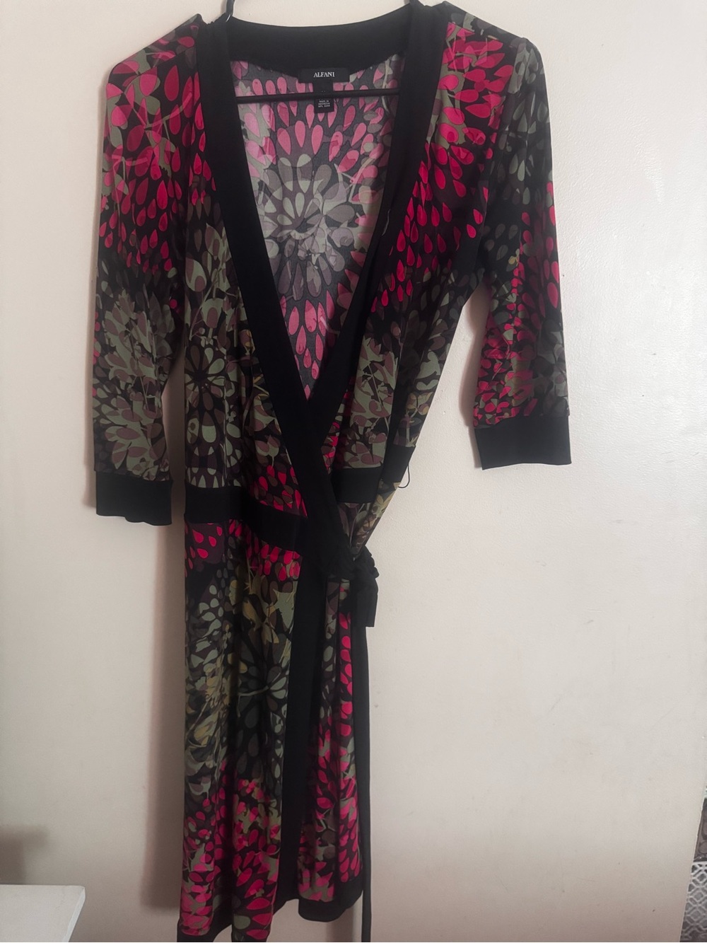 Alfani Black Wrap Dress with Fuchsia and Olive Floral Motif